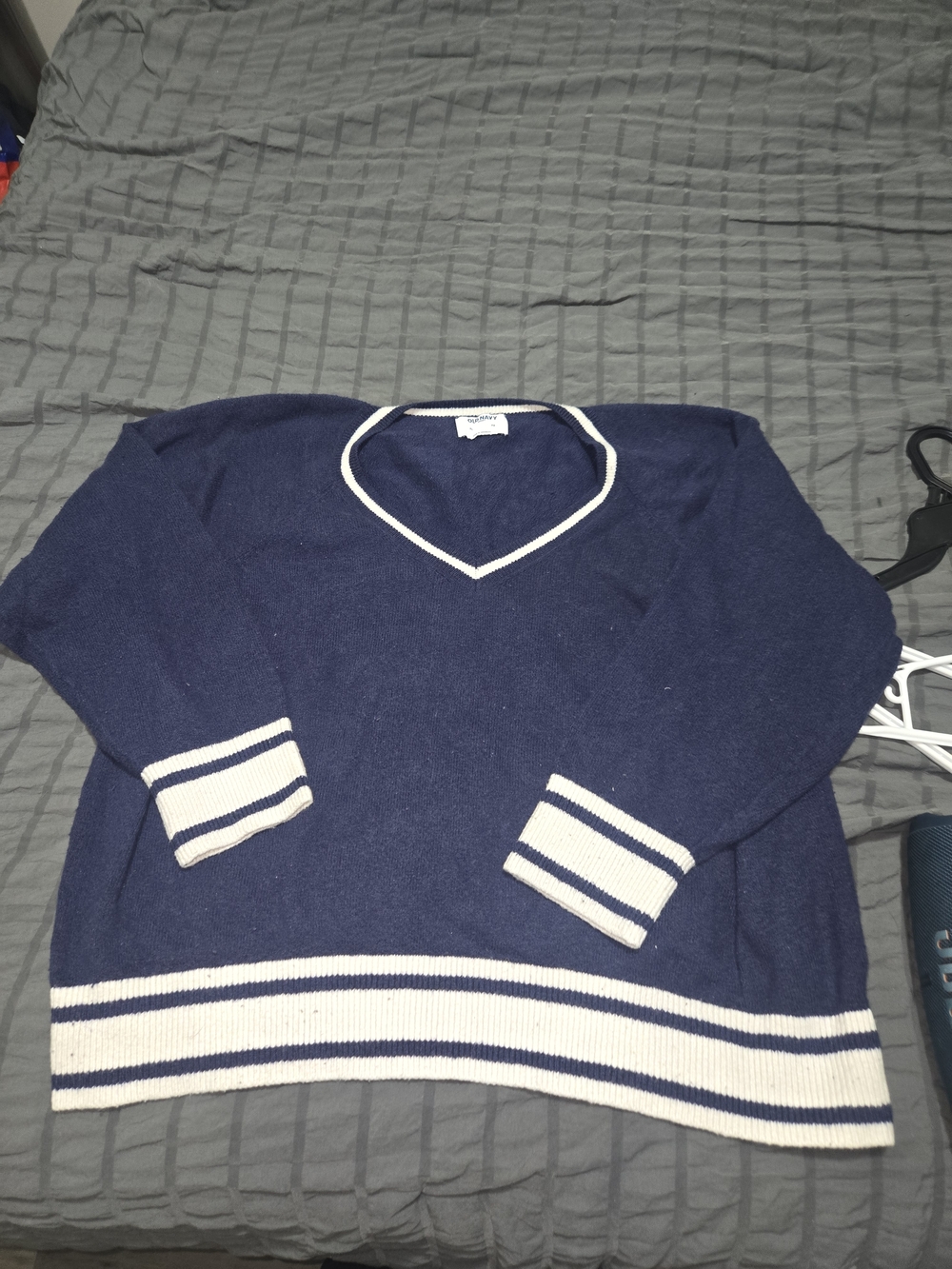 Old Navy Navy V-Neck Sweater with White Stripe Trim